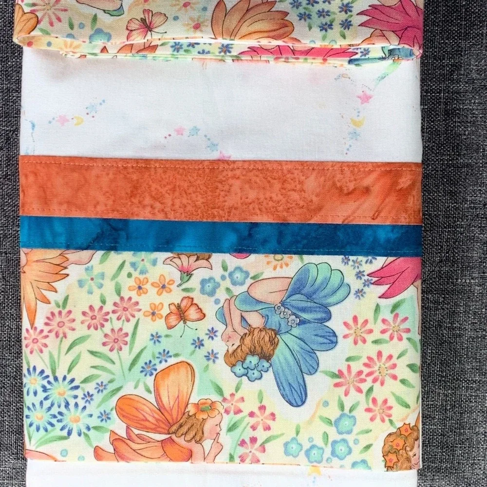 2 Homemade Whimsical Floral Fairy Print Pillowcases Orange Blue Trim Std/Queen